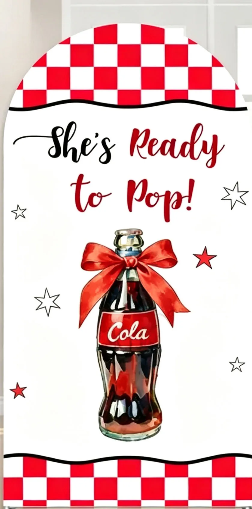 Custom Double-Sided She's Ready to Pop Baby Shower Arch Backdrop Cover Soda Bow Red Grid Birthday Party Photobooth Background