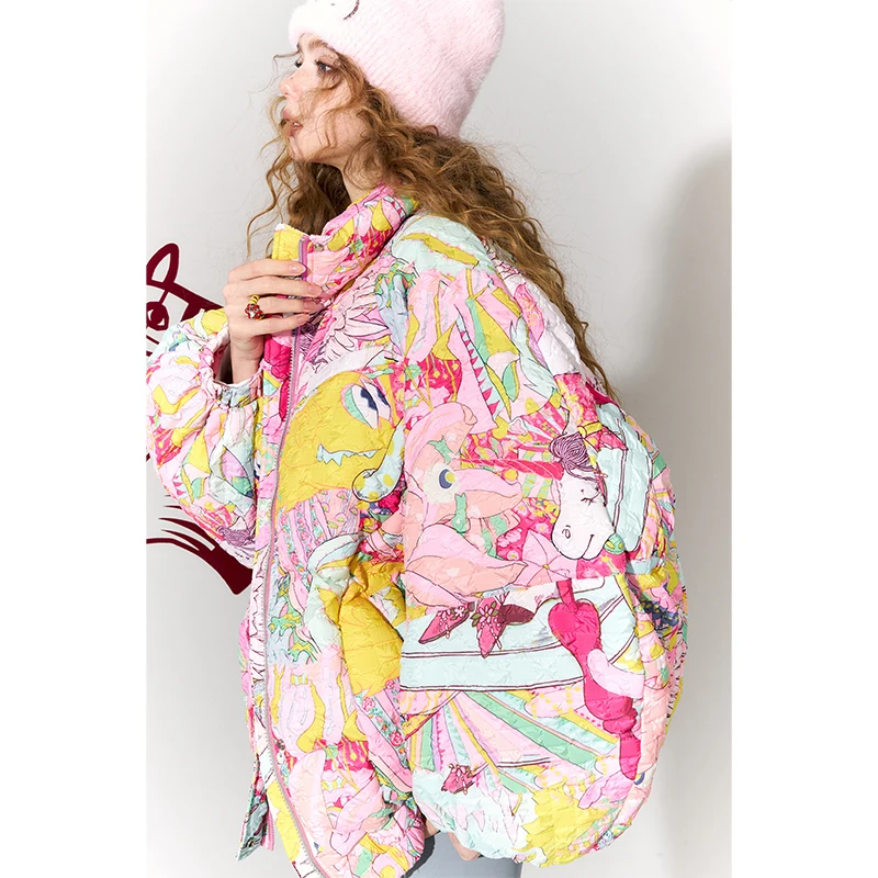 ELFSACK Y2K Sweet Playful Loose Original All Over Graphic Lapel Bomber Down Jacket For Women