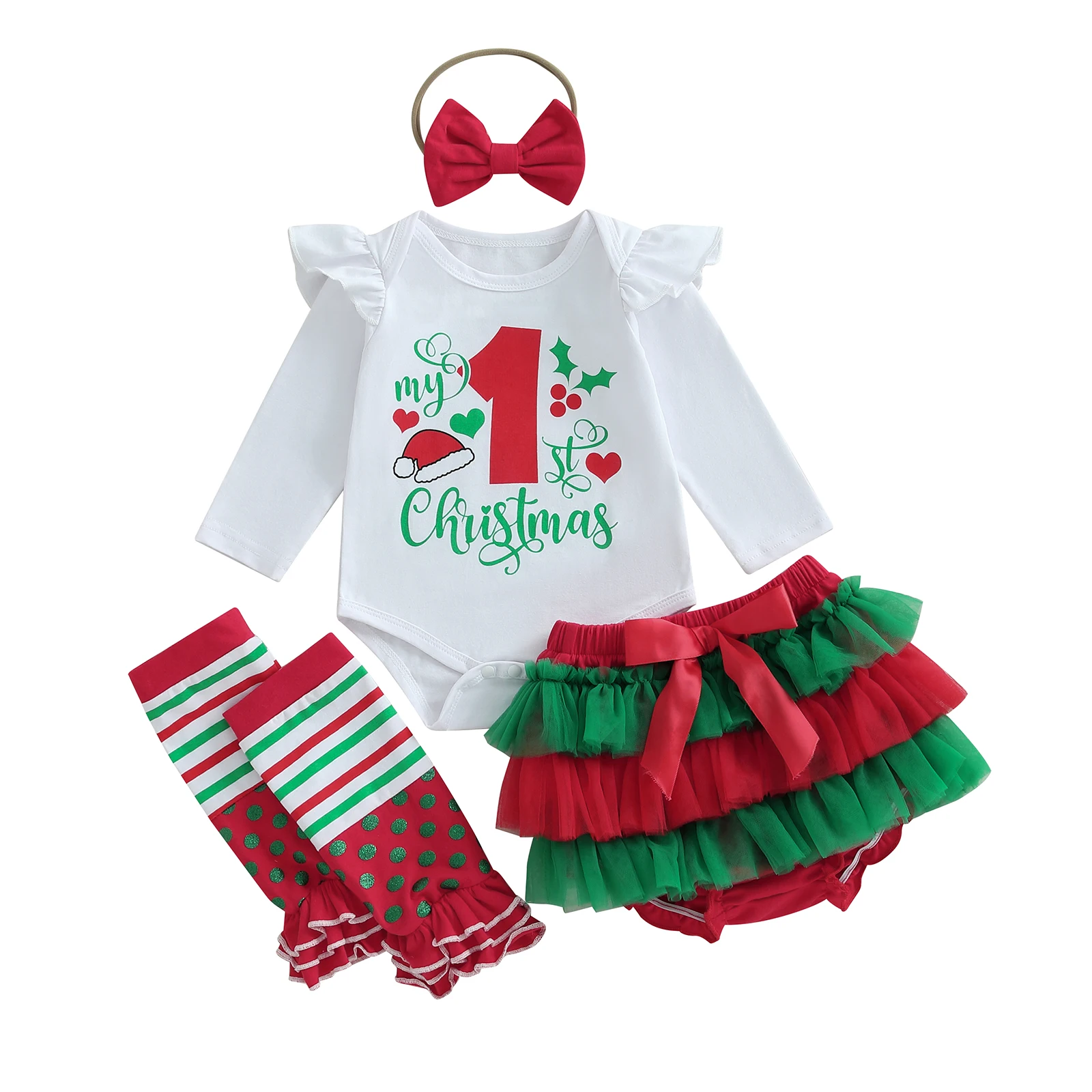 طفل الفتيات عيد الميلاد الزي طويلة الأكمام رومبير + الطبقات تنورة السراويل + عقال + تدفئة الساق مجموعة ملابس الرضع