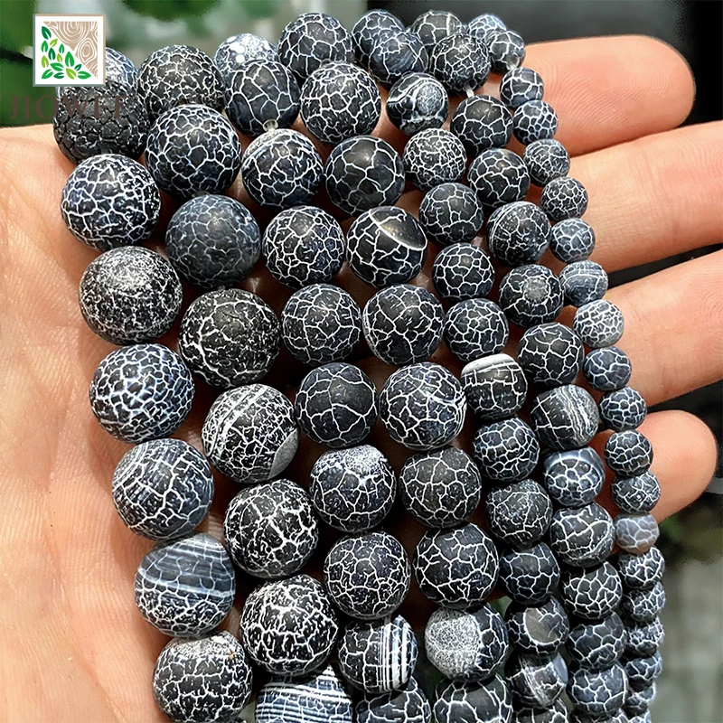 Natural Stone Frost Crab Black Dragon Veins Agates Round Beads Jewelry Making Diy Rings Earrings 15