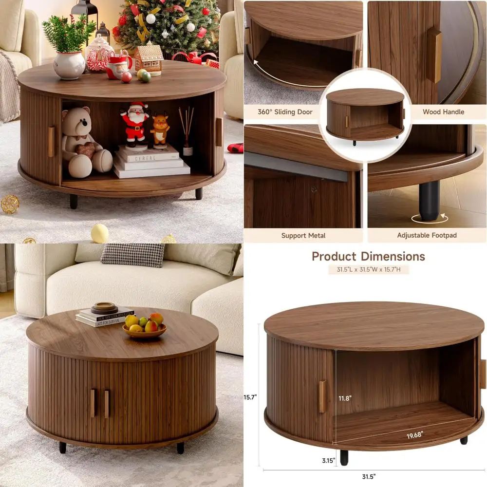 

Modern 31.5 Round Coffee Table with Fluted Wood Accent and 360° Sliding Door Storage Solution