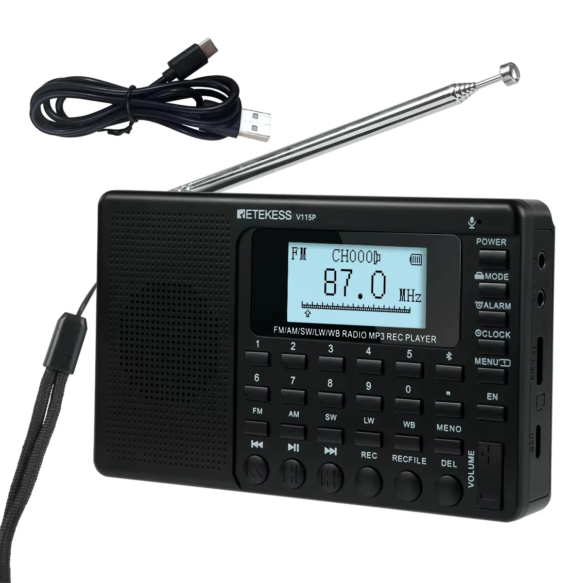 

V115P Emergency Full Band Radio FM/AM/SW/LW/WB, Portable Bluetooth Speaker with 1800mAh Battery,LED Light, TF Card MP3,Recording