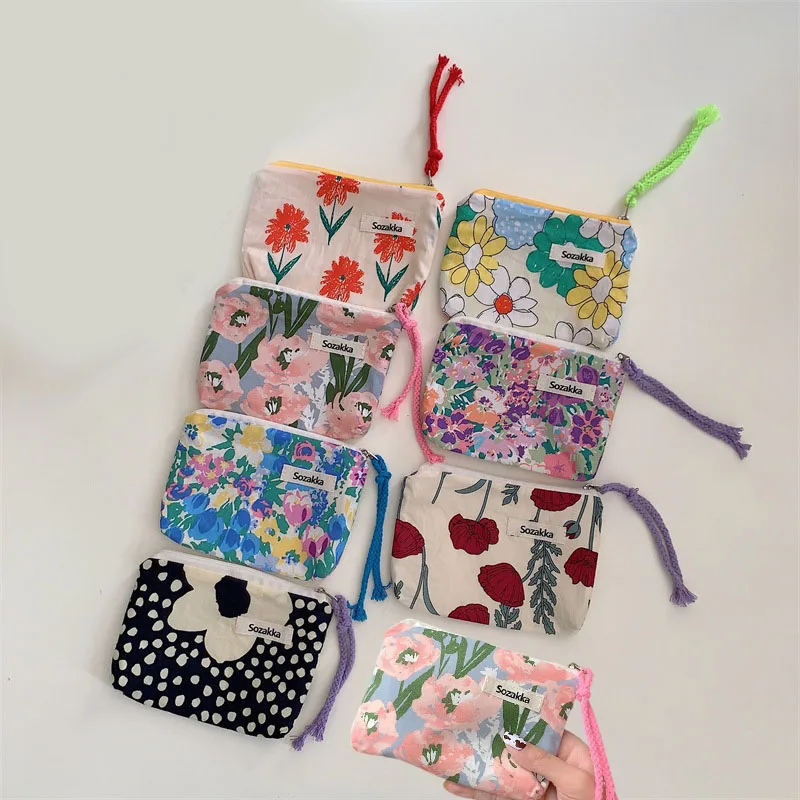 Fashion Flower Pattern Coin Purses Small Fresh Canvas Coin Wallet Lady Girls Earphone Coin Key Money Storage Bag Zipper Pouch