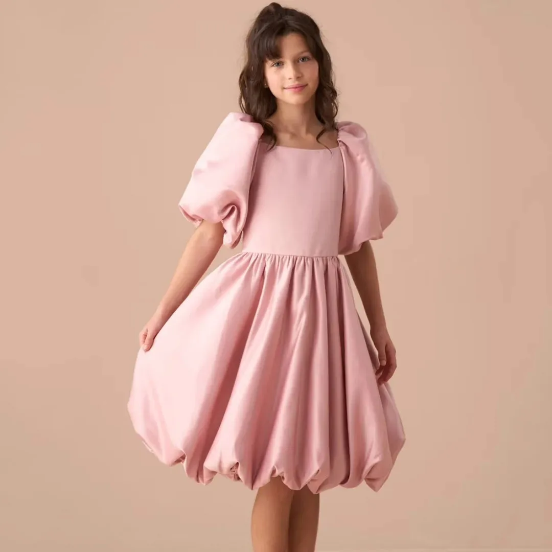 

Customized Pink Flower Girl Dress Satin Solid Short Sleeve For Wedding Birthday Prom Party Evening Ball Banquet Princess Gown