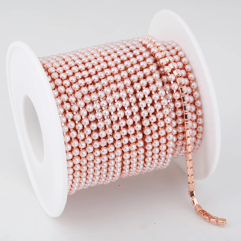 2mm 3mm 10yards Gold Perle Strass Tasse Kette Glas Dense Strass ABS Perle Kette Trim Bekleidung Tasse kette Für Bekleidung