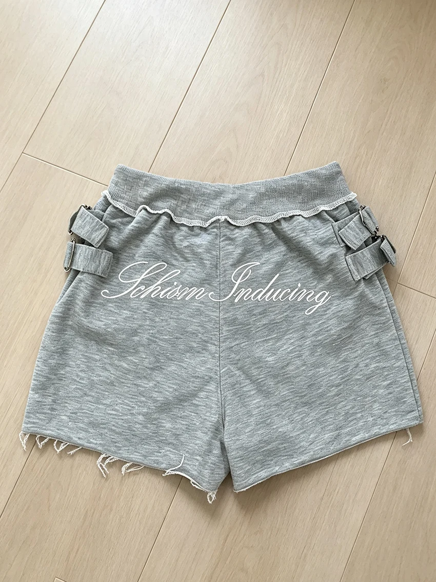 Gothic Raw Edge Sweat Shorts For Women Multi Front Button Strap Drawstring Waist Back Cursive Embroidery Y2K Streetwear Bottoms