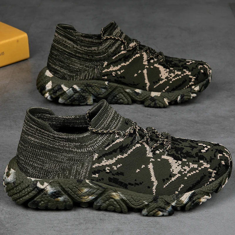 Men Sneakers Camouflage Low Top Casual Shoes Outdoor Breathable Travel Shoes Lace Up Army Green Mesh Sock Shoes Plus Size 39-45