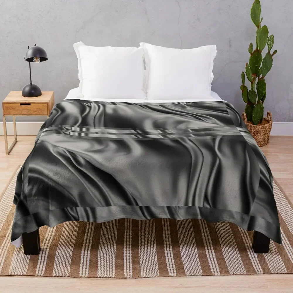 Dark Gray Black Abstract Swirls Wavy Spiral Textures Silk Satin Throw Blanket Bed funny gift warm winter Soft Blankets