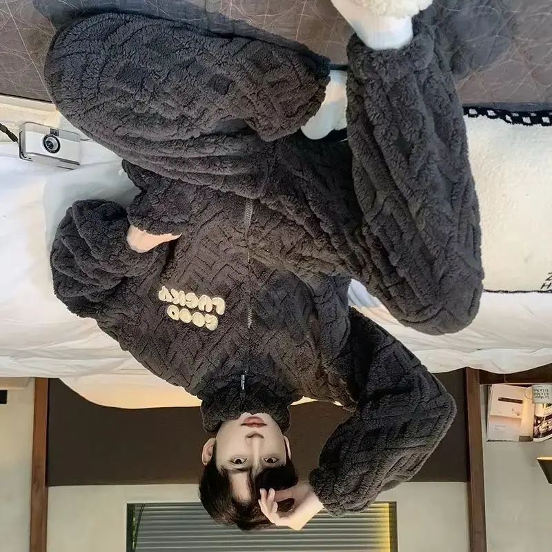 2026 New Winter Warm Pajama Sets Men Stand Collar Coral Fleece Coat + Long Pants Sleepwear for Sleeping Men's 2 Pieces Loungwear