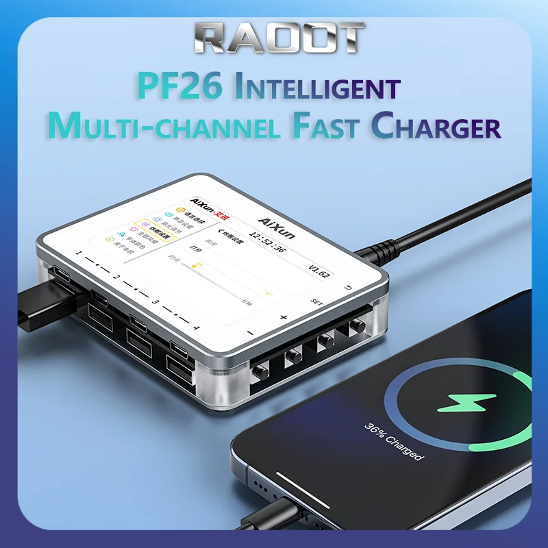 AIXUN PF26 Intelligent Multi-channel Fast Charging Real Time Monitoring Current-voltage Curves of Smartphones and IPads