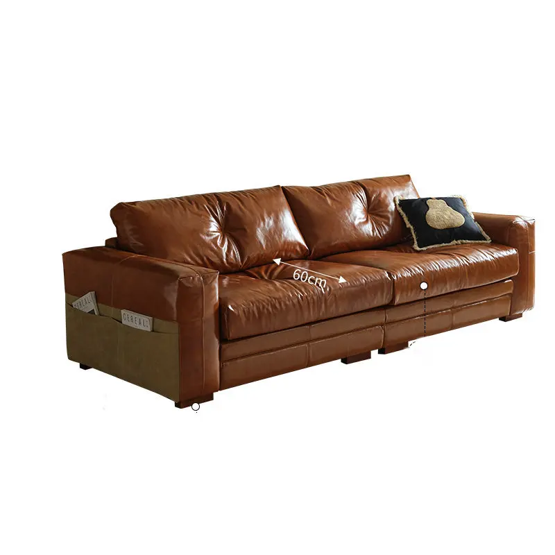 

Medieval French Italian simple living room small apartment straight row leather first layer cowhide sofa