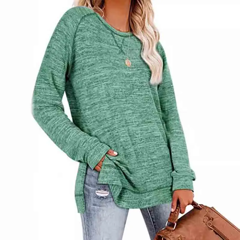 Women Sweatshirts Solid Color Sweatshirt Round Neck Long Sleeves Hoodies with Slit Top Autumn Winter 2024 New Casual Loose Tops