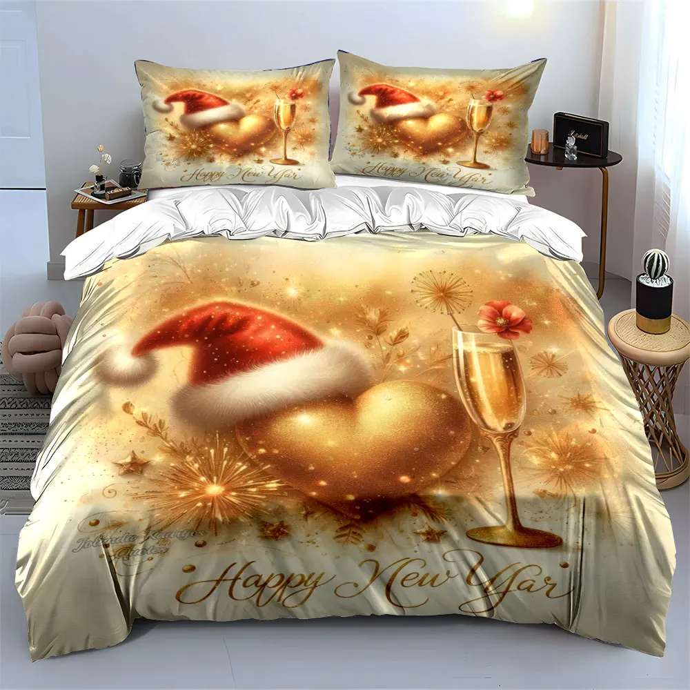 Golden-themed New Year greeting with champagne and sparkles Print Duvet Cover Bedding Set Included 1*Duvet Cover 2*Pillowcases