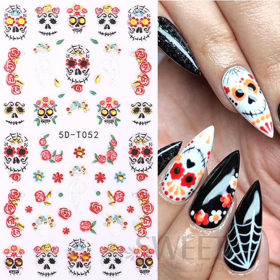 5D Skull Halloween Sticker Bone Sliders Gold Rose Flower Patch Cactus Decals Anime DIY Nail Art Decorations Manicure Accessories