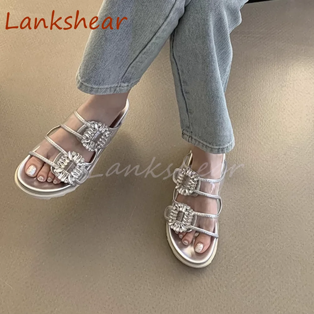 Square Button Square Diamond Women Slippers Flat Sole Solid Summer Fashion Casual Comfortable  Women Shoes 2024 New Arrivals