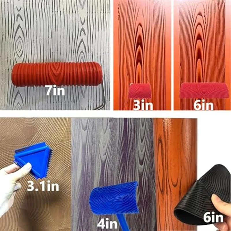 Wood Graining Tool Set, 6Pcs 7Inch Wood Grain Roller Rubber Graining Tool Paint Wood DIY Painting Tool Easy Install