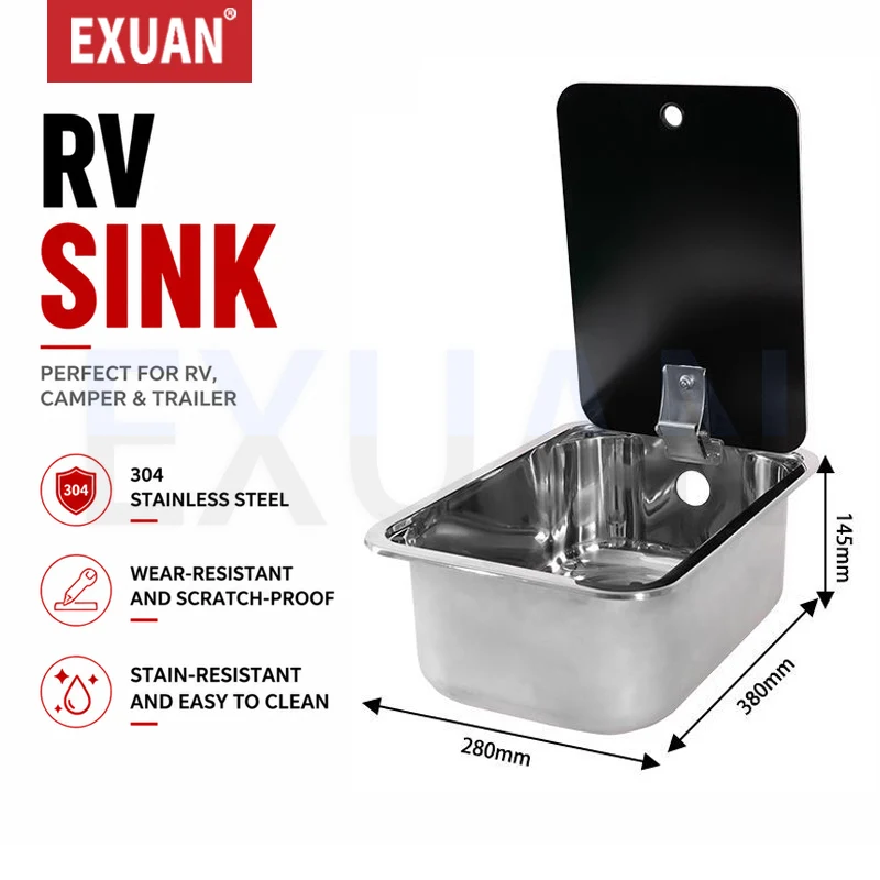 RV Sink With Faucet for Caravan Stainless Steel Hand Wash Basin Round & Square Sink with Tempered Glass Lid Camper Accessories