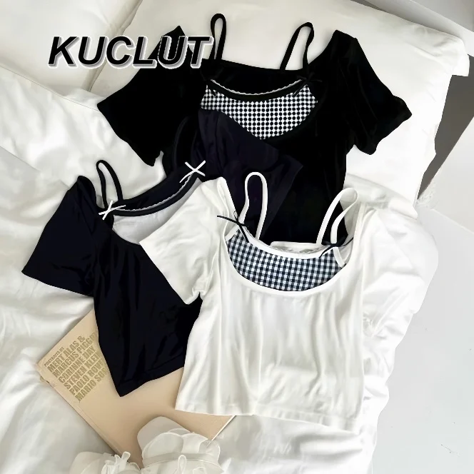 

Lady Summer Casual Tees Japanese Style Sweet Plaid Bow Suspender + Short Sleeve Top Fashion 2025 New Women's T-shirts