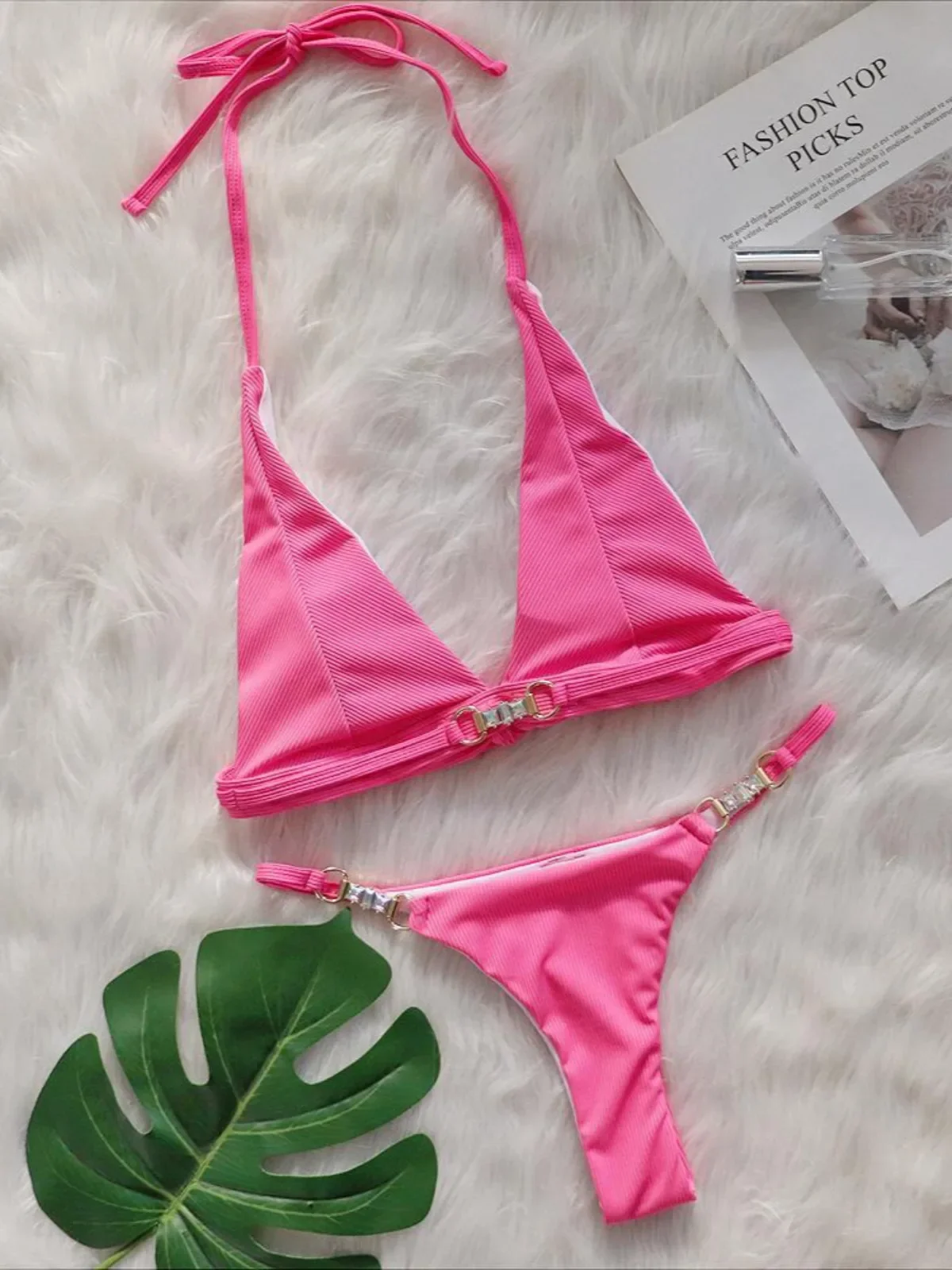 

Diamond Bikini Set Women's Solid Color 2 Piece Swimsuit Sexy Halter Lace-up Backless Low Waist Thong Bathing Suit 2025 New
