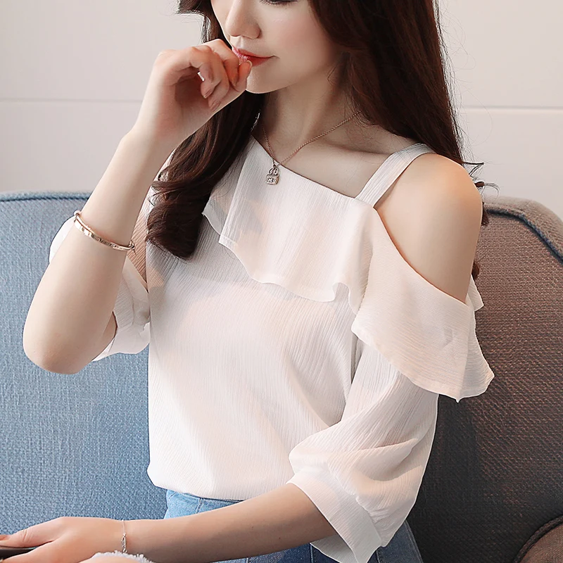 

New Off-the-shoulder Short-sleeved Chiffon Shirt Female Ruffled Collar Solid Color Sweet Blouse Tops