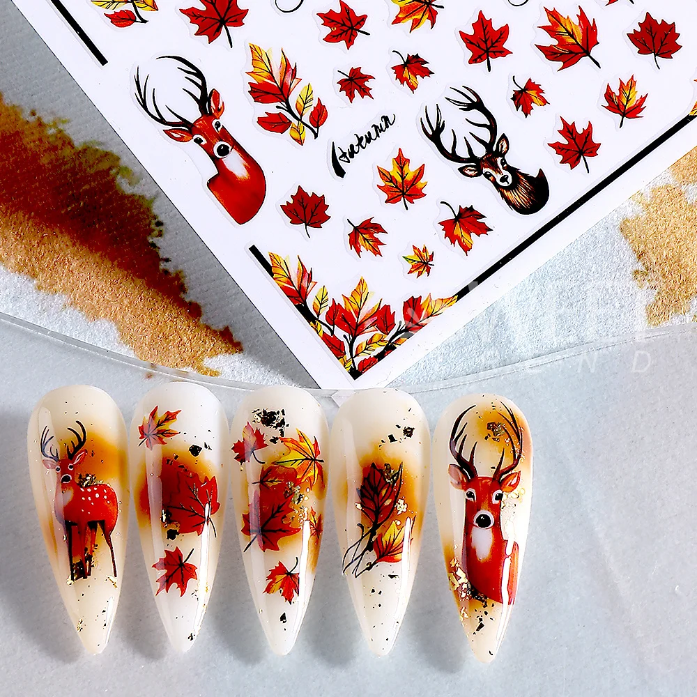 SWEET TREND-5 Stück/10 Stück Herbst-Nagelaufkleber Cartoon-Autumn-Ahornblätter-Kürbis-Elch Selbstklebende Aufkleber Halloween-Maniküre-Deko – Detail 7