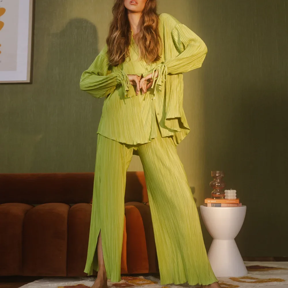 Solid Pleated Shirt&pants Women Loose Pajamas Suit Sexy Split Pjs New Summer Spring Sleepwear Long Home Clothes Loungewear