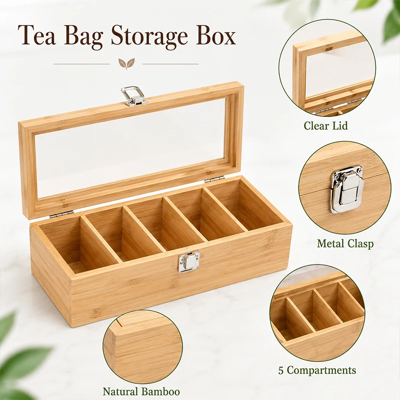 Bamboo Tea Bag Storage Box 5 Compartments Organizer Desktop Tea Packet Holder for Kitchen Office Sugar Packet Storage Container
