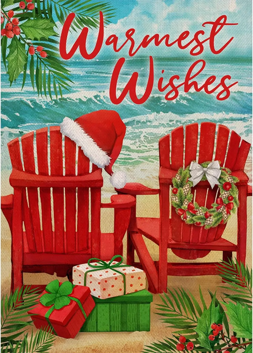 

Warmest Wishes Christmas Red Chair Tropical Decorative Burlap Garden Flag Xmas Coastal Beach Home Yard Outdoor Decor 12x18in