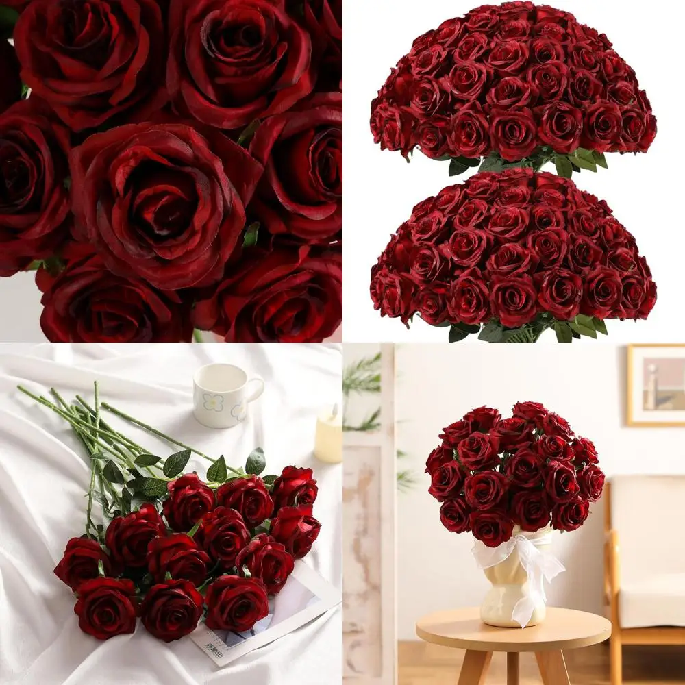 

80 шт. Искусственные шелковые розы бордового цвета с стеблями для свадеб, девичников и домашнего декора