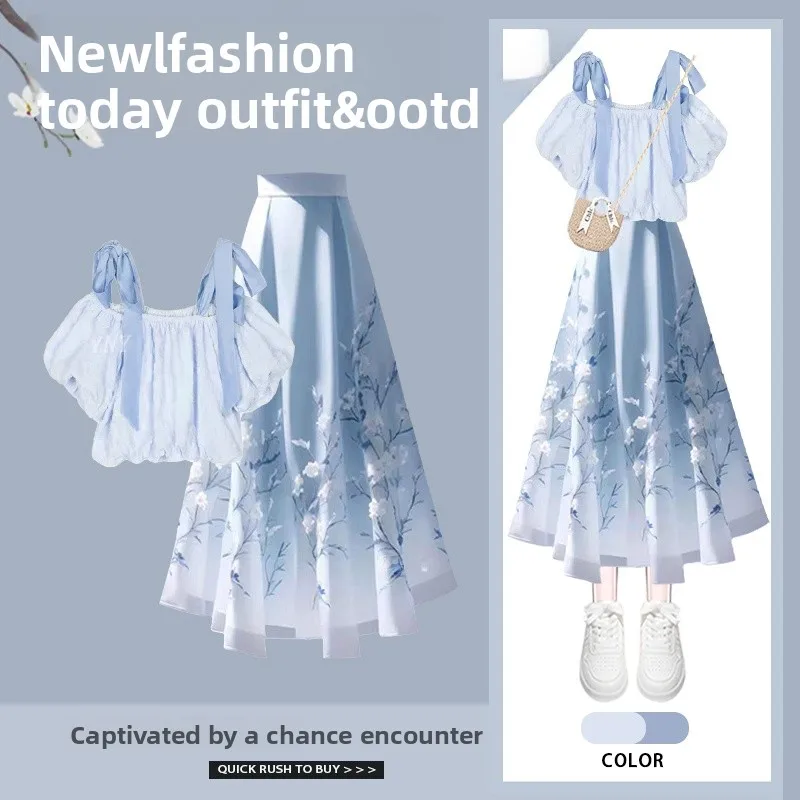 Set gonna a vita alta estiva Fre Abito da donna unico in due pezzi Sli Fibra di poliestere abbottonatura Ensemble Faionable