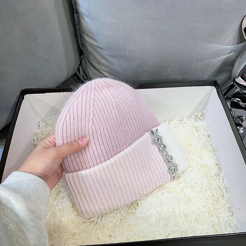 Winter New Model Heavy Industry Rhinestone Color Blocked Knitted Hat Versatile Rabbit Hair Yarn Hat Warm Ear Protection Toe Cap