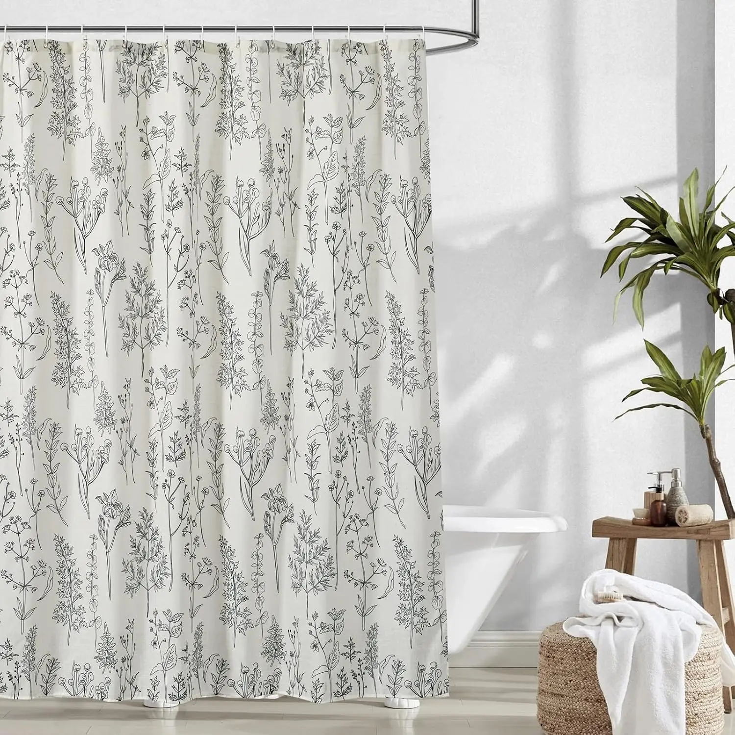 Elegant Botanical Floral Print Waterproof Shower Curtain Liner for Bathroom Home Decor Master Bath Canopy Artistic Washable Text