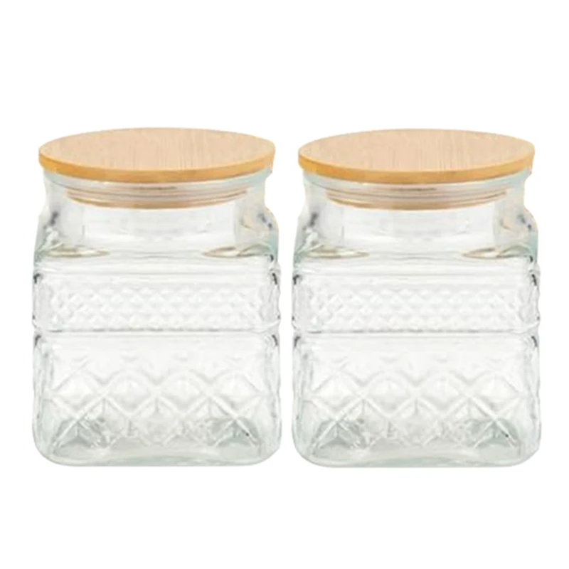 2 Piece Square Glass Jars With Vintage Diamond Pattern Coffee Pasta Sugar Tea Snack Nuts Cookie Jar