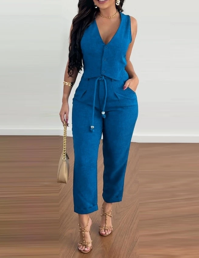 Casual Women's Two-Piece 2024 Fashion Solid Color Sleeveless V-Neck Vest and High Waist Pocket Design with Lace Up Pants Set