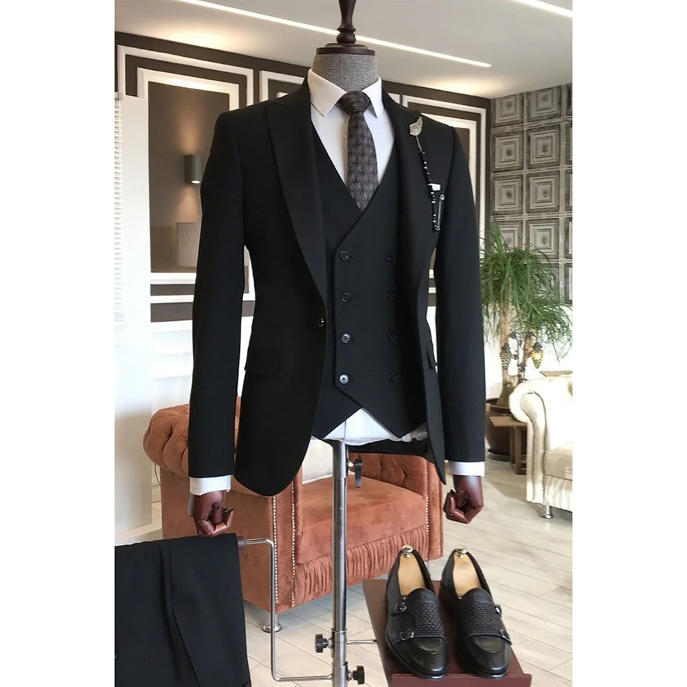 

Black 3 Pieces Suit Jacket Pants Vest Wedding Groom Suits Formal Occasion Tuxedo Business Office Male Blazer Set