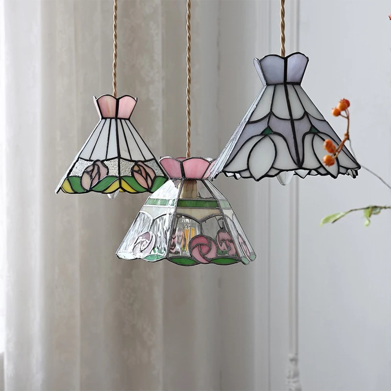 Europe France Style LED Pendant Light Fixture Tiffany Color Copper Glass Lampshade Vintage Edison Bulb Hanging Lamp Home Indoor