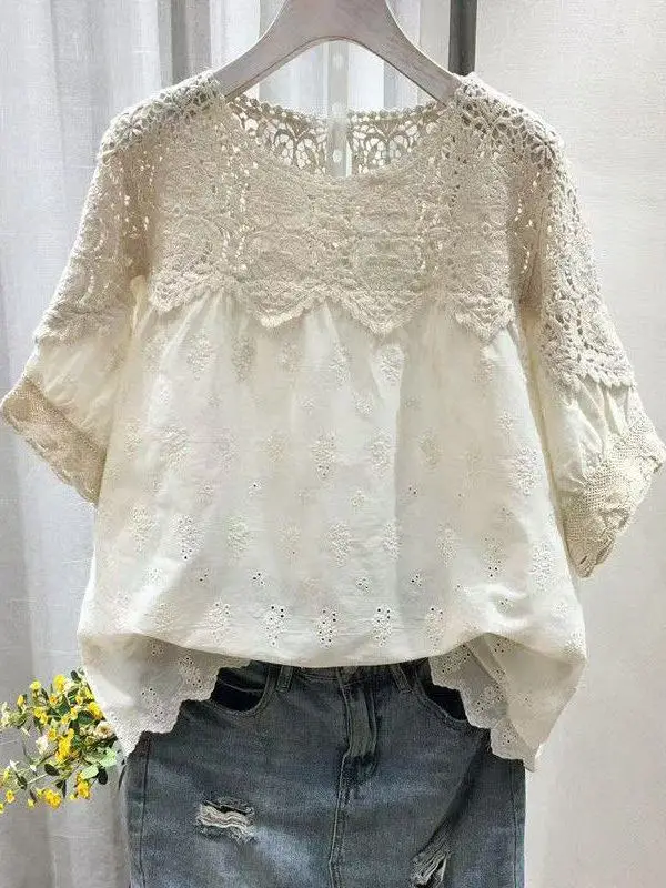 

Faionable Pure Cotton ort Sve Женская летняя свободная футболка с мясом, скрывающий ажурный топ, универсальная базовая футболка