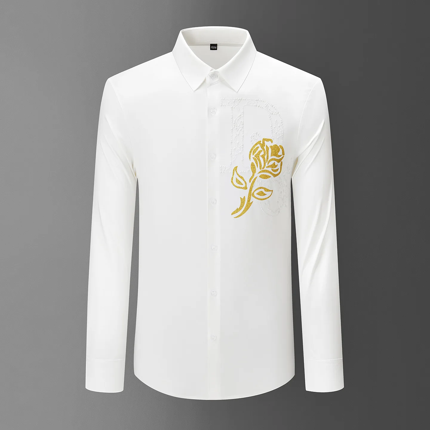 Autumn Winter Long Sleeved Shirt 3D Printed Rhinestone Luxury Casual Business Dress Shirts Slim Social Party Tuxedo Banquet Tops