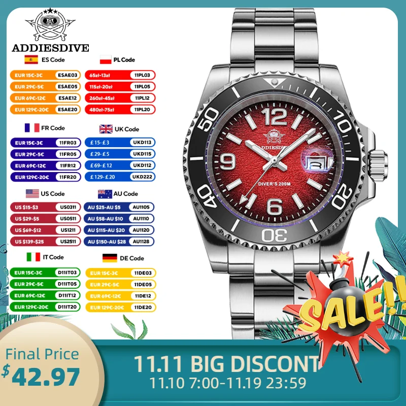 

ADDIESDIVE NEW Diver Watch 41mm AR Coated Ceramic Bezel Quartz Watches Stainless Steel Waterproof 20Bar Luminous Men's Watch ﻿