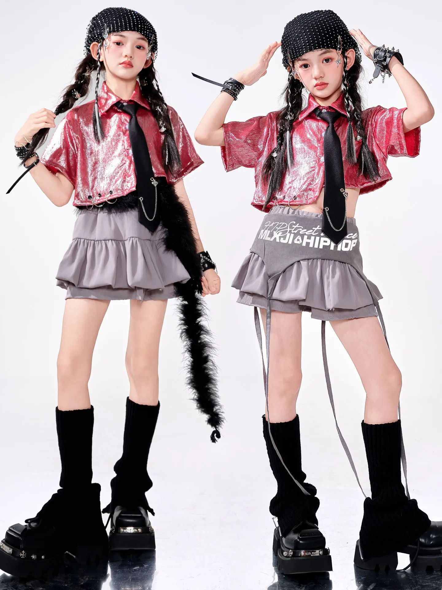 

Girls Hip Hop Shiny Crop Top Tiered Skirts Kids K-pop Streetwear Children Jazz Girl Group Costume Teen Street Dance Clothes Sets