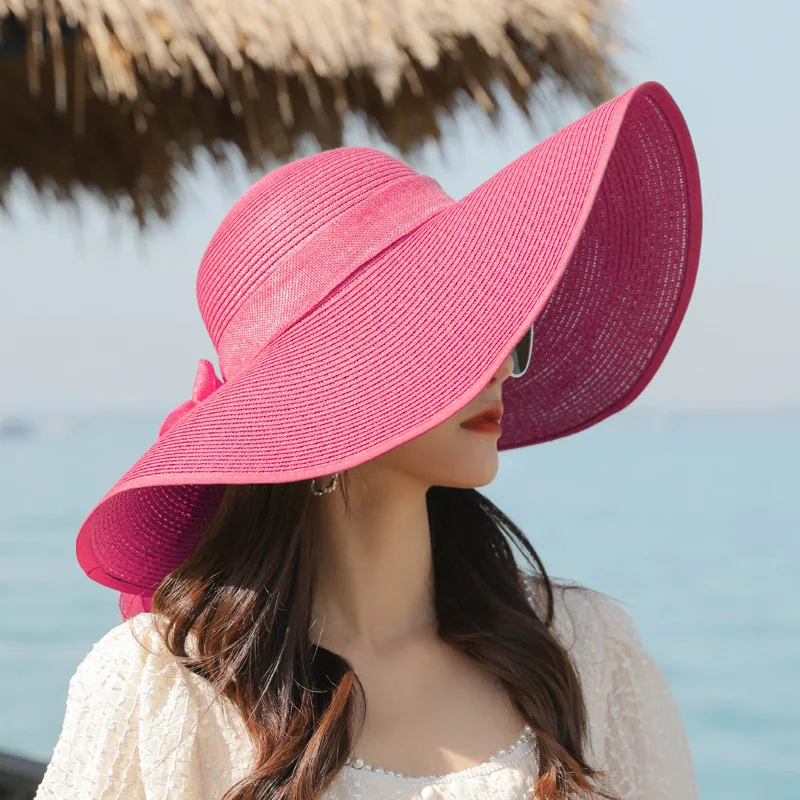 INS Handmade Weave Bow Sun Hats for Women 2023 Black Ribbon Large Brim Straw Hat Outdoor Beach Summer Caps Gorras Hombre