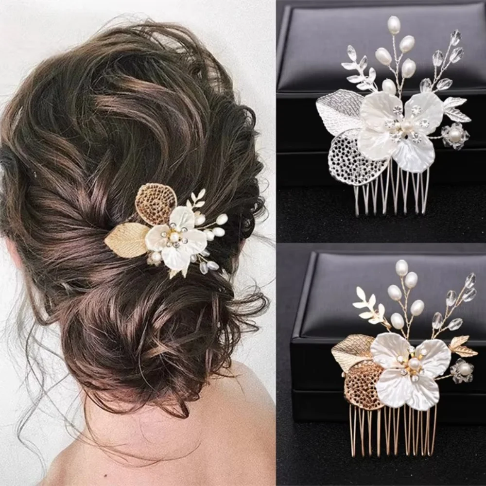 A bridal wedding headpiece, gold leaf hollow mesh pearl flower small hair comb, hair accessory, dress accessory
