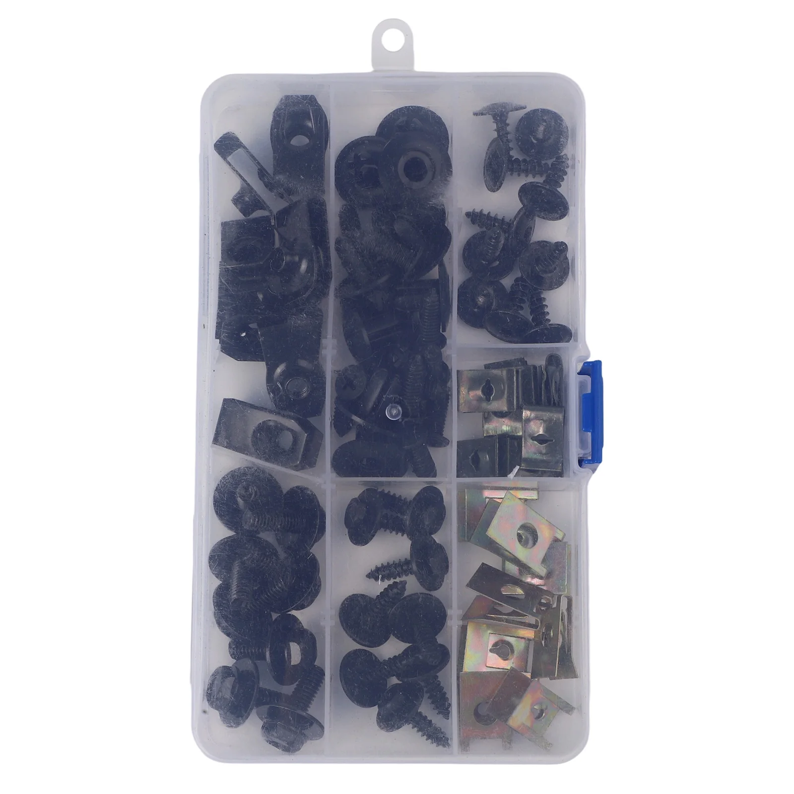 64-Piece Metal and Plastic Rivet Clip Fastener Set with U-Shaped Clips Screws Nuts for Vehicle Exterior Interior Panel Mounting