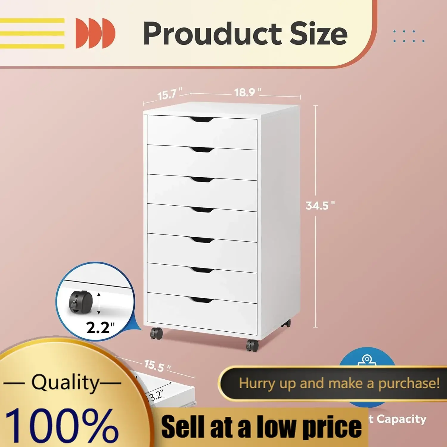 

7 Drawer Office Cabinets Wood Storage Drawer File Cabinet with Wheels White