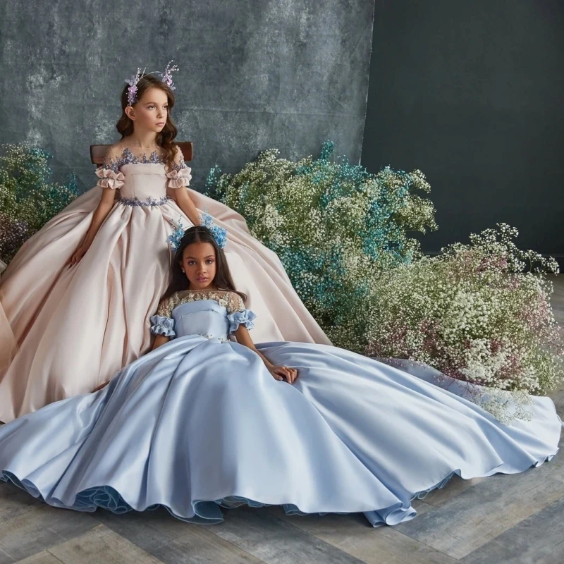 Menina Flor Saia Longa Vestidos De Cetim, Manga Curta, Apliques Figura, Casamento, Festa De Aniversário, Banquete, Vestidos De Princesa