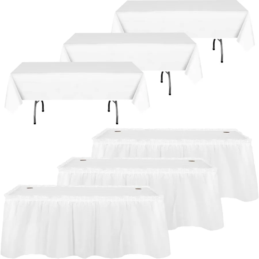 

6 Pcs Plastic Table Skirts and Stain Proof Table Cloths 54 x 108 in Disposable Plastic Tablecloth for Wedding Baby Shower Valen