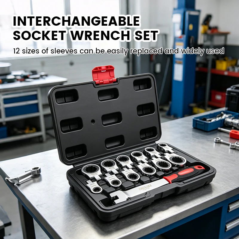 

12-in-1 interchangeable head ratchet wrench set, metric adjustable head ratchet wrench set, 8-19 mm interchangeable head ratchet wrench set, suitable for mechanical maintenance and automotive servicing