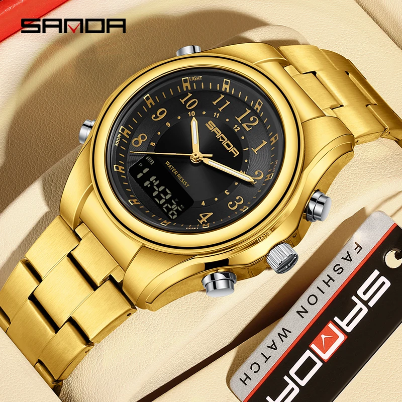 

SANDA Men Quartz Watch Digital Display Electronic Watch Sports Chronograph Watch Luminous 50M Waterproof Steel Band Reloj Hombre