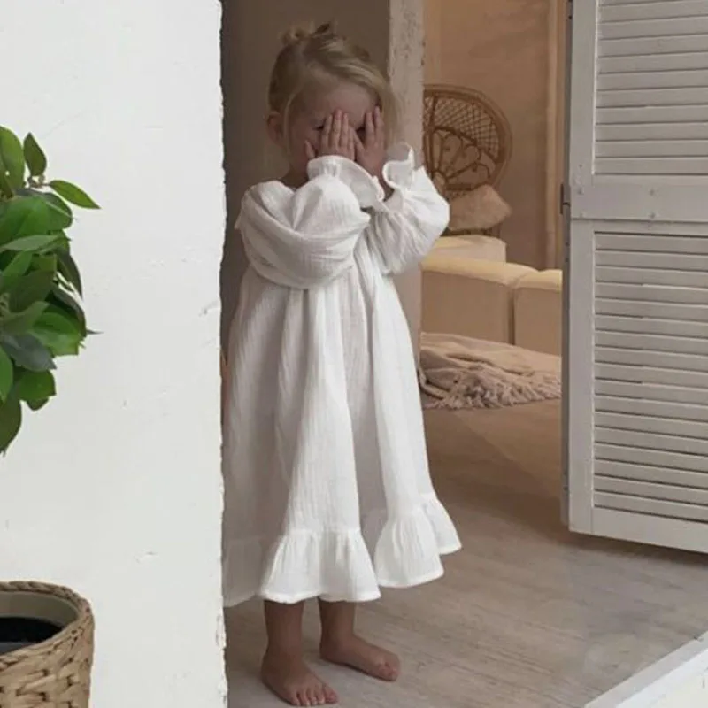European and American Spring and Autumn Girls' Cotton and Hemp Long sleeved Dress British Style Solid Color A-line Dress