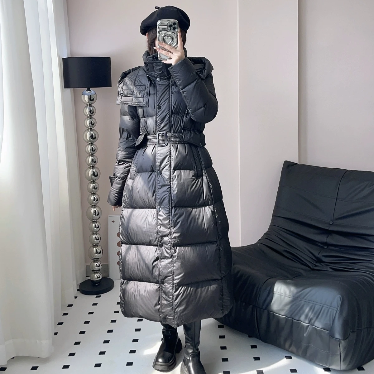 أسود 90% أسفل الأبيض بطة أسفل سترة 2025 شتاء موضة جديدة مزاجه سليم مقنعين أسفل معطف الإناث سترة دافئة معطف طويل